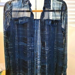 Sheer long sleeve blouse. Blue with some white and blk. Blk cuffs.  Vera wang